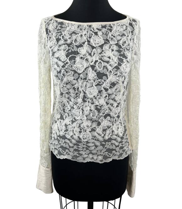 Worth Tops - WORTH NY White Floral Lace Sheer Long Sleeve Blouse Button Cuffs Side Zip 2 XS